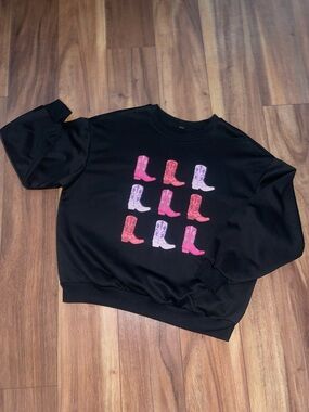 SHEIN Black Crewneck Sweatshirt with Pink & Purple Boot Graphic